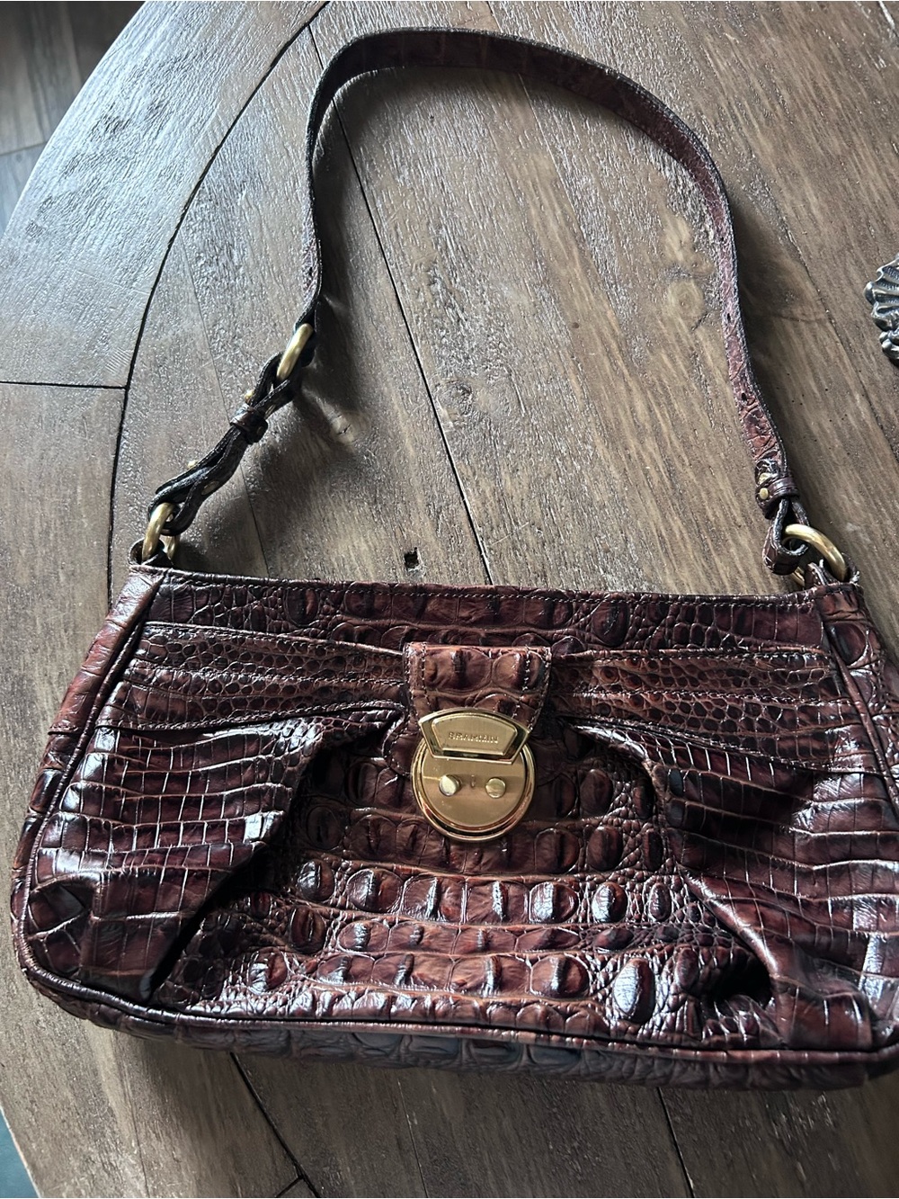 Brahmin Brown Croc-Embossed Leather Shoulder Bag with Gold Hardware